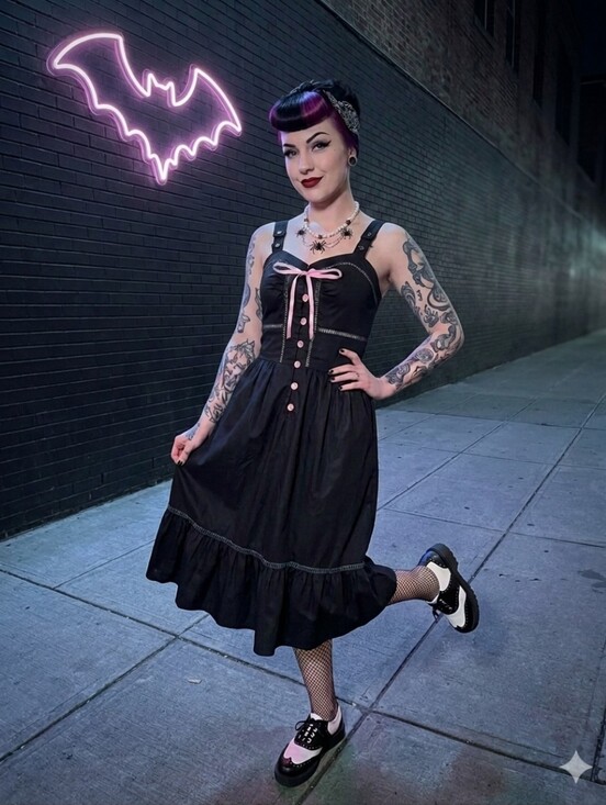 Vintage Dresses & Skirts - Vintage Black & Pink Trim Midi Ruffle Dress, VGUC, Approximate Size 2